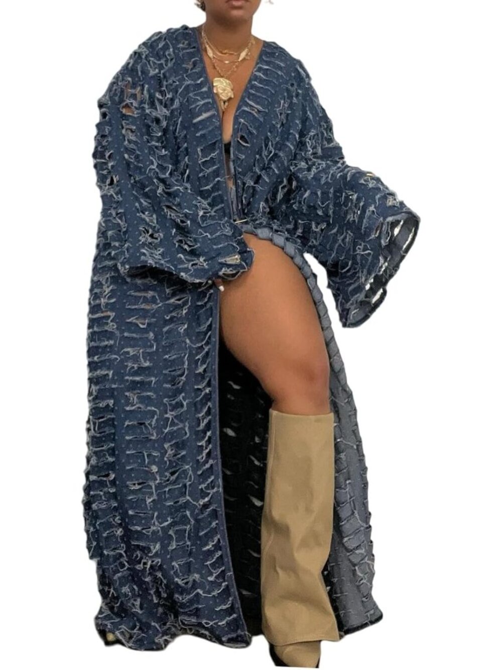 Oversized Ripped Denim Duster Jacket for Women | Long Jean Cardigan Coat